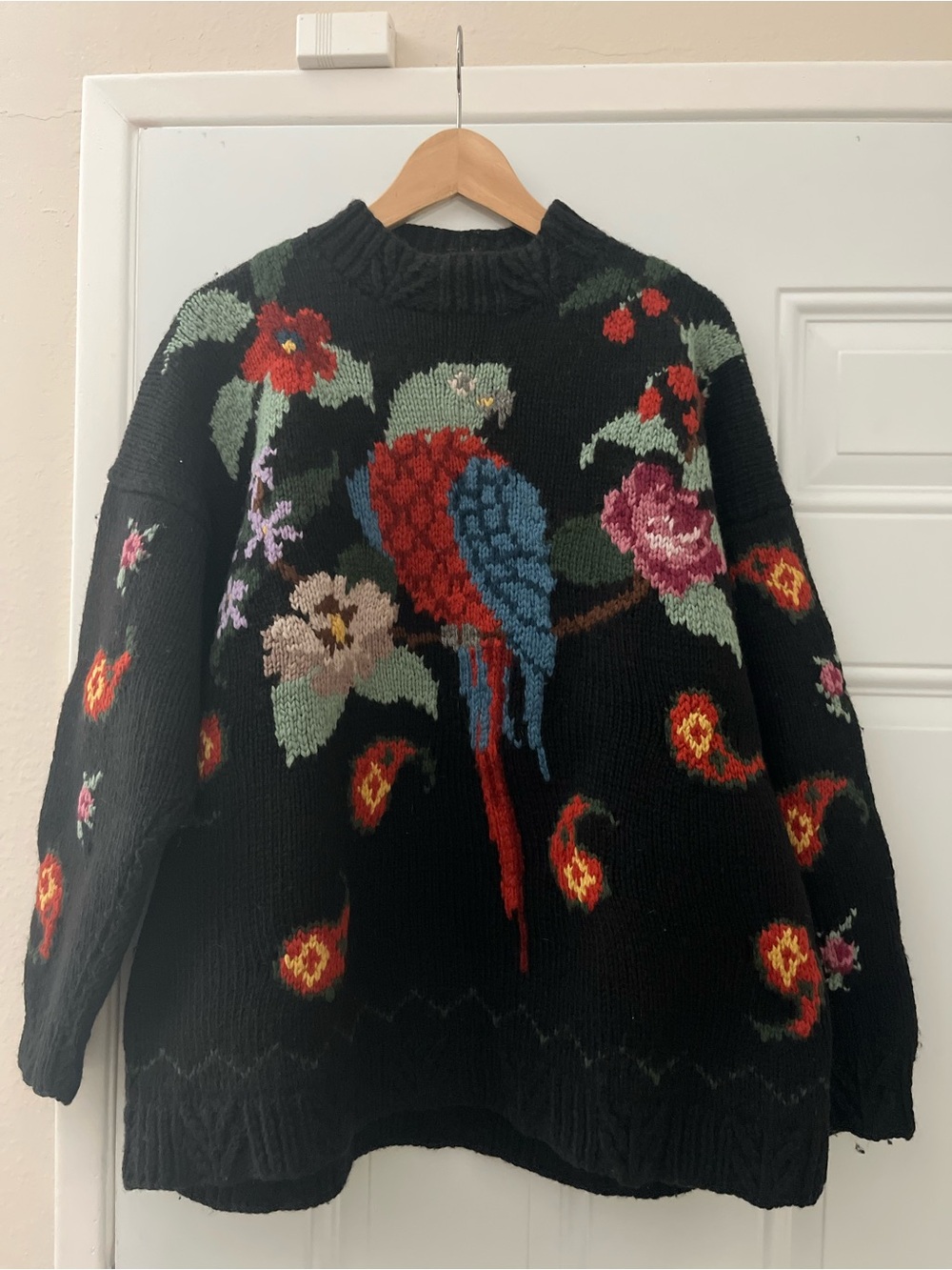 Joseph Black Crewneck Sweater with Red & Blue Parrot and Multicolor Florals
